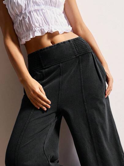 Bohemela Plus Size Solid Color Drawstring Waist Casual Versatile Pocket Pants