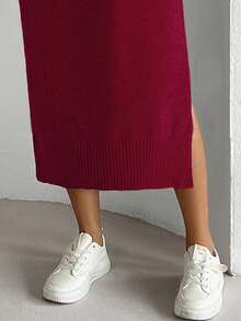 Elenzga Plus Size Women Solid Color Round Neck Sleeveless Side Slit Hem Casual Loose Knitted Dress, Autumn/Winter - Red - View 4