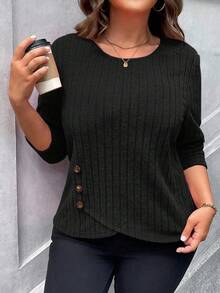 SHEIN LUNE Plus Size Women's Solid Color Round Neck Button Design Ribbed Texture Long Sleeve T-Shirt - Black - View 4