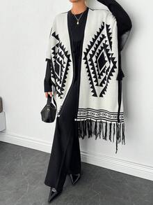 EURMUSE Áo len nữ phối màu trắng đen kèm áo khoác cardigan - Đen và trắng - Xem 5