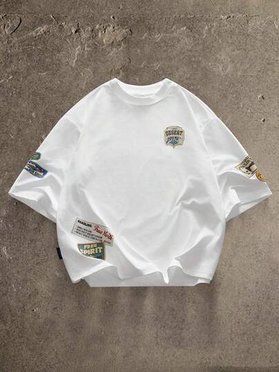 AXEPEAK 男士白色宽松短袖休闲都市图案 T 恤，适合朋友穿着，夏季