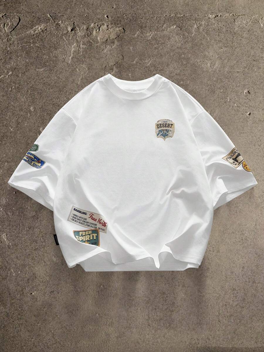 AXEPEAK 男士白色宽松短袖休闲都市图案 T 恤，适合朋友穿着，夏季