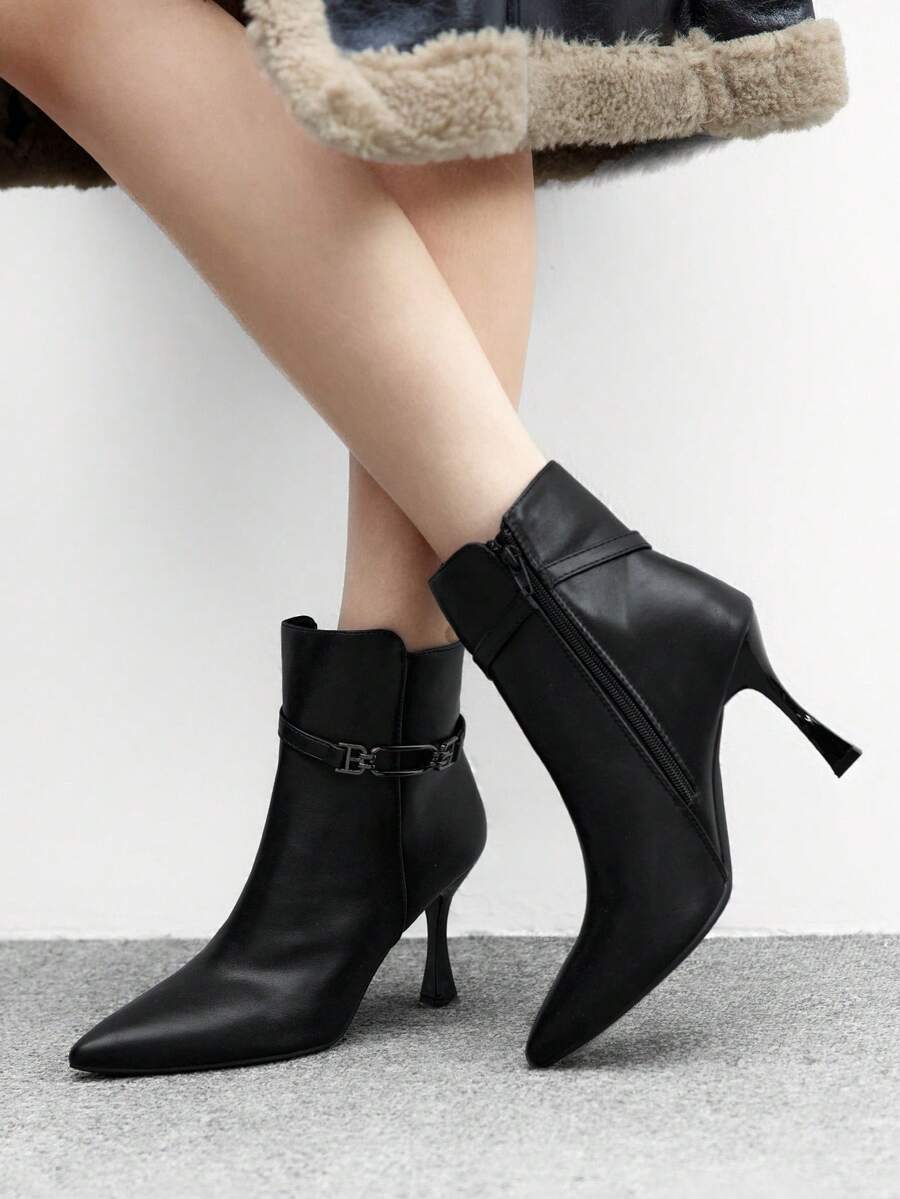 CUCCOO BIZCHIC Women's Black Pointed Toe Metal Decor Fashion High Heel Mid-Calf Boots - Black - View 1
