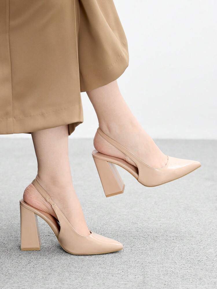 CUCCOO BIZCHIC Women's Pointed Toe Chunky High Heel Apricot Minimalist Pumps, Slingback Backless Dress Shoes For Daily Commute, Work, Shopping, Party, Suitable For Women For Christmas Spring Shoes