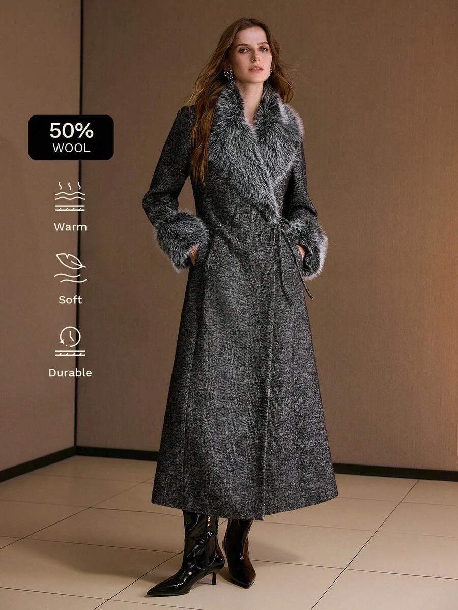 MOTF PREMIUM 女士仿皮草领羊毛混纺大衣，秋冬 - 黑色 - 查看 1