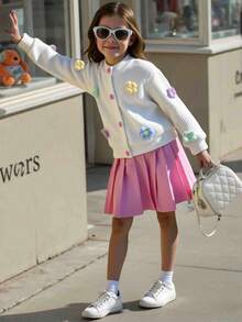 Genkimix Kids 2pcs Young Girl Casual Cardigan Knit Top Jacket With Floral Print Design And Skirt Set, Autumn Outfit - White - View 7