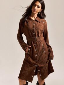 Easelle Vintage Women's Brown Suede Eyelet Design Waist Belt Trench Coat, Autumn Women's Winter Jacket Metal Chicken Eye Decoration Design