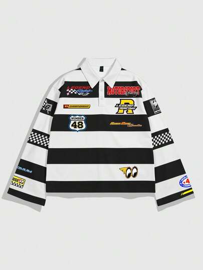 Street Life Men's Printed Long Sleeve Striped Polo Collar T-Shirt, Casual College Style Top