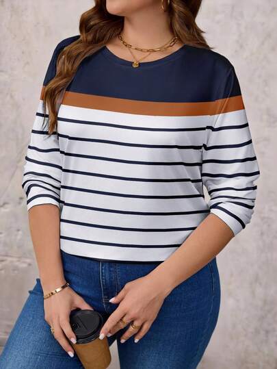 EMERY ROSE Striped Patchwork Print T-Shirt, Long Sleeve Top For Plus Size Women