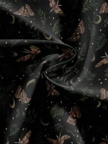 ROMWE Goth 哥特式黑暗森林女巫印花飞蛾、植物叶、太阳和月亮星星图案黑色女式高开衩半身裙 - 黑色 - 查看 4