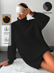 EURMUSE Women's Solid Color High Neck Rib Knit Loose Casual Sweater - Black - View 1