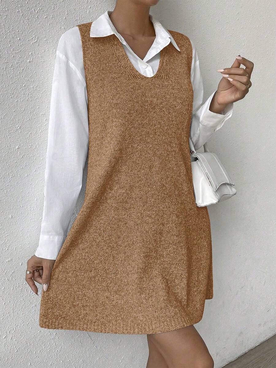 SHEIN LUNE 秋冬纯色无袖针织休闲连衣裙 - 鏽棕色 - 查看 1