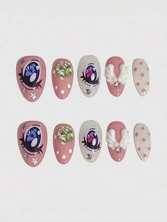 10 pezzi di unghie finte kawaii, dolci e carine, con decorazioni ad ali d'angelo, quadrifoglio fortunato, pois retrò stile Harajuku, minimaliste, prodotte in serie, adatte per anime, campus, appuntamenti, shopping, ecc.