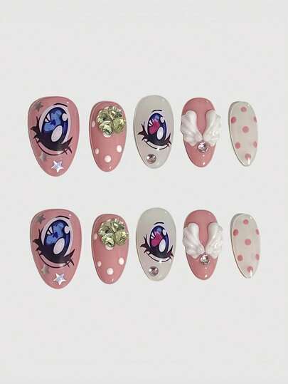 10pcs Kawaii Sweet Cute Eye Decor Angel Wings Y2K Lucky Clover Retro Polka Dot Harajuku Minimalist Mass Produced Handmade False Nails, Suitable For Anime, Campus, Dates, Shopping, Etc.