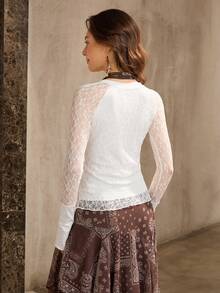 Wildy 波西米亚浪漫度假蕾丝衬衫，圣诞派对，新款长袖 T 恤，街头时尚美式乡村西部休闲长袖