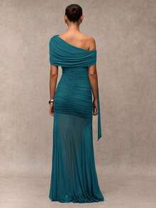 SHEIN BAE Women's Solid Color Ruched Asymmetric Elegant Dress - Teal Blue - View 2