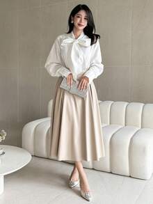 DAZY 女士优雅飘逸系领衬衫，秋季长袖女式衬衫 - 米色 - 查看 9