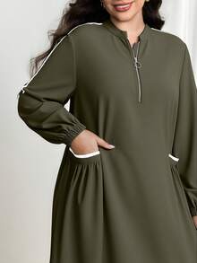 Modelyn Autumn/Winter New Arrival Stand Collar Long Sleeve Waist Cinched Slim Fit Dress - Dark Green - View 4