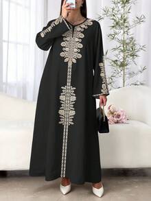 SHEIN Najma 大码女式花卉刺绣 V 领长袖优雅阿拉伯风格长裙，春秋季 - 彩色 - 查看 4