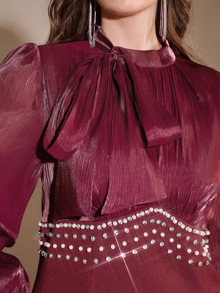 Plus Size Lace-Up Heavily Beaded Elegant Wine Red Dress For Women, Autumn/Winter, Christmas, New Year