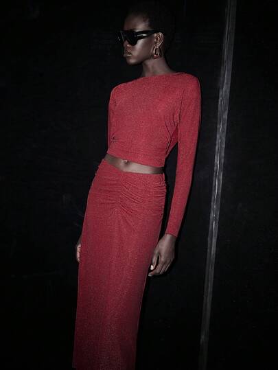 Lumivelle Women's Fashion Elegant Party Skirt Set, Shiny Metallic Top + V-Waist Pleated Skirt, Red 2-Piece