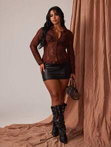 Rustia Plus Size Autumn New Slim Fit Solid Color Cardigan Top - Brown - View 6