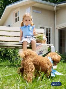 Joliand Joliand 2 件套女婴优雅都市可爱蓝色动物印花口袋 Polo 衫和蓝色格子迷你裙套装，适合日常休闲、外出、聚会、派对、夏季 - 彩色 - 查看 4