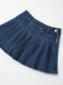 Tween Girls Denim Suit, New Arrival For Autumn/Winter, Deep Blue Denim, Vintage Y2K Outdoor Casual Design, Pleated Skirt With Elastic Waist, Loose Fit Short Skirt, Long Sleeve Fitted Jacket, Essential For Daily, Outdoor, Travel, Party, School Wear - Dark Wash - View 7