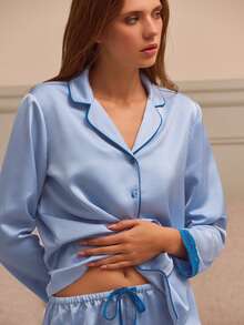 lacRébo Blue Satin Long Sleeve Button Front Pyjama Top And Shorts Set With Lace Trim Detail Cute Cosy Vintage Style Auutmn Winter - Baby Blue - View 3