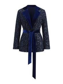Gownix Women's Elegant Velvet Beaded Lapel Blazer, Suitable For Parties And Formal Events - Navy Blue - View 10