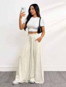 SHEIN PETITE 教师服装休闲舒适亚麻面料杏色阔腿裤，配有松紧腰带和口袋，适合日常休闲穿着，适合老款风格女士夏装教师服装女士亚麻亚麻裤阔腿裤女士宽松裤亚麻裤女士阔腿亚麻裤亚麻夏季裤 - 杏色 - 查看 7