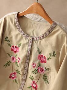 Elaquor Damen Große Größen Bluse mit floraler Stickerei, Rundhalsausschnitt, Ballonärmel, lässig und locker geschnitten - Khaki - Übersicht 7