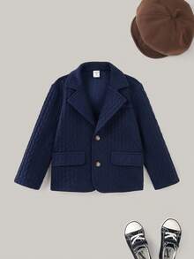 PrepCrw 1 件年轻男孩优雅校园风格休闲都市百搭海军蓝罗纹西装外套，适合外出、聚会、返校、秋冬 - 藏蓝色 - 查看 2