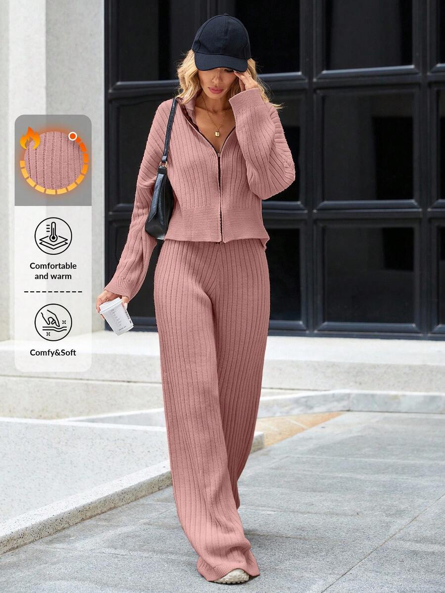 EURMUSE Women's Zipper Front Drop Shoulder Cardigan And Sweater Pants Set - Pink - View 1