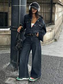 DAZY 女士牛仔夹克，带领子搭配直筒牛仔裤，休闲牛仔套装，Y2K风格 - 深色水洗藍 - 查看 5