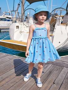 Joliand Joliand 1 pieza Vestido camiseta ajustada con volantes de color azul claro con estampado de corazón y bandera, elegante y urbano, apropiado para uso casual, diario, de viaje y playa, para niñas jóvenes