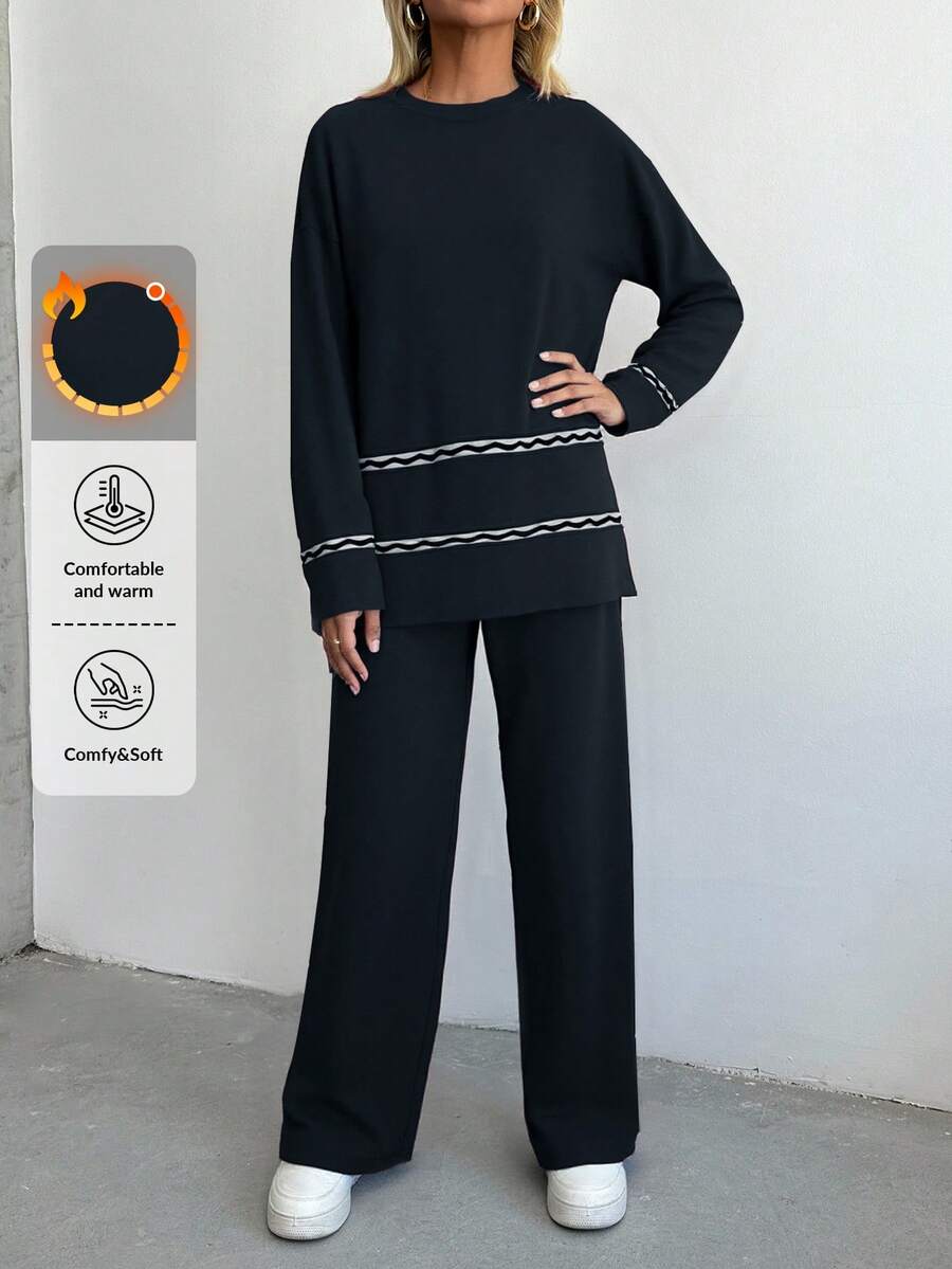 RueChic Drop Shoulder Sweater & Knit Pants - Black - View 1