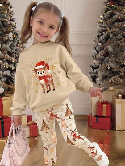 Sparklyn 2pcs/Set Cute Sweet Young Girls Casual Christmas Reindeer Print Knit Soft Crew Neck Sweatshirt And Christmas Tree Digital Print Leggings Set, Suitable For Autumn/Winter, Lightweight & Comfortable, Layering Option, Fashionable Casual Wear, Graphic Design, Back To School, Outdoor Picnic, Street Photography, Campus, Holidays, Gift