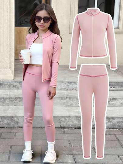 SHEIN Tween Girls Casual Colorblock Pipping Solid Pink Yoga Sports Fitted Zip-Up Stand Collar Knit Stretchy Comfortable Solid Top Long Sleeve Jacket And High Waist Leggings Set, Back To School Outfit, Casual Daily Wear, Airport Outfit, Sporty Style,  Mommy And Me Outfits Teen Girl Matching Set Teen Girl Two Piece Set