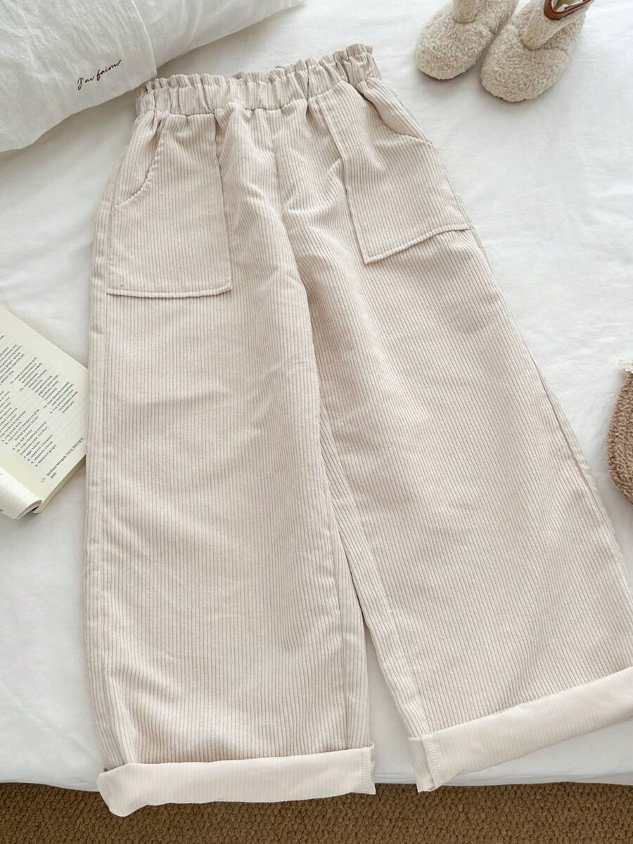 Genkimix Kids Tween Girls Thickened Corduroy Ruffle Waist Pocket Casual Straight Leg Pants Winter White Pants Pants Cute Kid Wide Leg Pants Girls Cotton Pants Girls Khaki School Pants Girl Uniform Pants