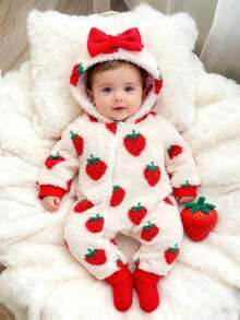 SHEIN Macacão com Capuz e Zíper de Fleece com Estampa de Morango para Meninas Bebê, com Laço Vermelho, Manga Longa, Uso Conveniente, Doce e Fofo, Adequado para Outono/Inverno - Multicolorido - Visão 3