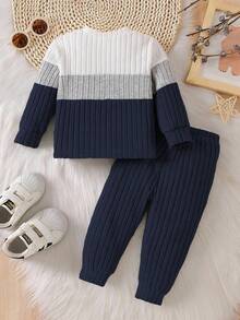 SHEIN Playful Pals 2pcs/Set Baby Boy Unisex Infant Toddler 6M-3T Colorblock White Grey Green Crew Neck Long Sleeve Pullover Top And Solid Green Pants Outfit, Suitable For Outings, Casual Wear, Sports, And School Dark Blue Baby Boy Outfit Baby Set Autumn Winter Season Baby Boy Knitted Set Baby Casual Sets Knit Two Piece Toddler Baby Casual Outfit Babyboy Outifts Baby Boys Outfit Baby Brand Outfite - Royal Blue - View 3