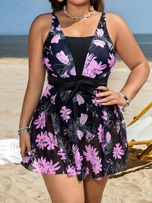 Swim Lushoire Plus Size One-Piece Mesh Skirt Minimalist Fashion Women's Pool Party Swimsuit - Multicolor - View 3