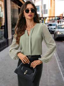 SHEIN Clasi Women Casual Contrast Trim Lantern Sleeve Notched Neck Blouse, Versatile For Work And Leisure, Autumn/Winter - Mint Green - View 3