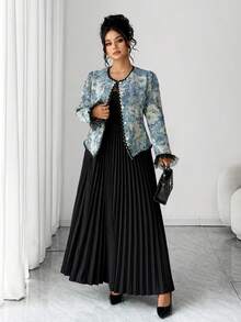 SHEIN Elenzya Plus Size Women Elegant Black Floral Oil Painting Jacquard Jacket And Pleated Skirt 2 Pieces Set,Autumn Formal Evening Office Wear Mesh Ruffle Sleeve - Blue - View 5