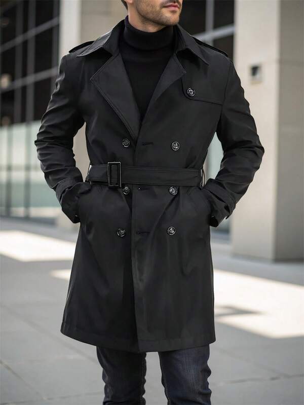 Manfinity Mode Men's Plus Size Street Hot INS Black Solid Color Anti-Static Fabric Double-Breasted Lapel Loose Trench Coat, Casual Trench Coat, Boyfriend Husband Gift, Anniversary Gift, Men's Long Coat, Men's Coat, Double-Breasted Trench Coat, Men's Black Trench Coat, Men's Trench Coat Dark Academia Men Clothes Men Outerwear Men Trench Coat Men Fall Collection