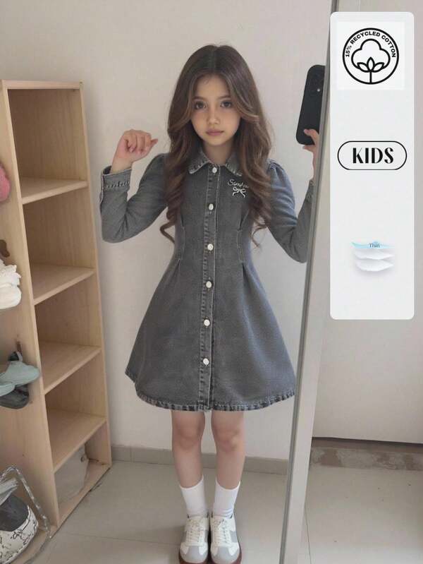 SHEIN Robe en jean pour préadolescentes, robe en jean boutonnée décontractée et confortable avec motif brodé, style mode de rue , tissu polyvalent, nouvelle arrivée