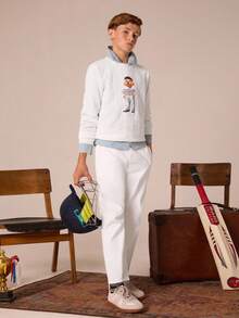 SHEIN 2pcs Tween Boys' Elegant Collegiate Casual Urban Dog Graphic White Rib Knit Long Sleeve Top & Pants Set,Suitable For School,Back-To-School,Autumn - White - View 3