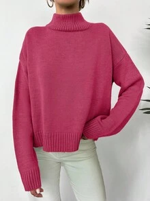 EURMUSE Women's Solid Color Turtleneck Long Sleeve Sweater - Hot Pink - View 4