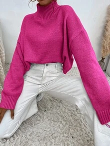 EURMUSE Mock Neck Drop Shoulder Sweater - Hot Pink - View 7